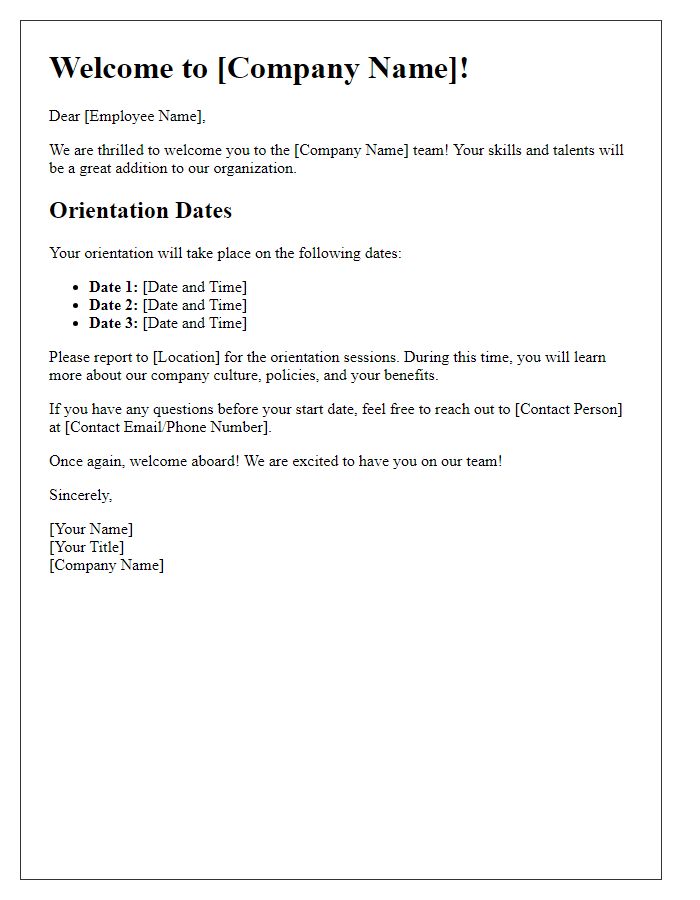 Letter template of employee welcome and orientation dates