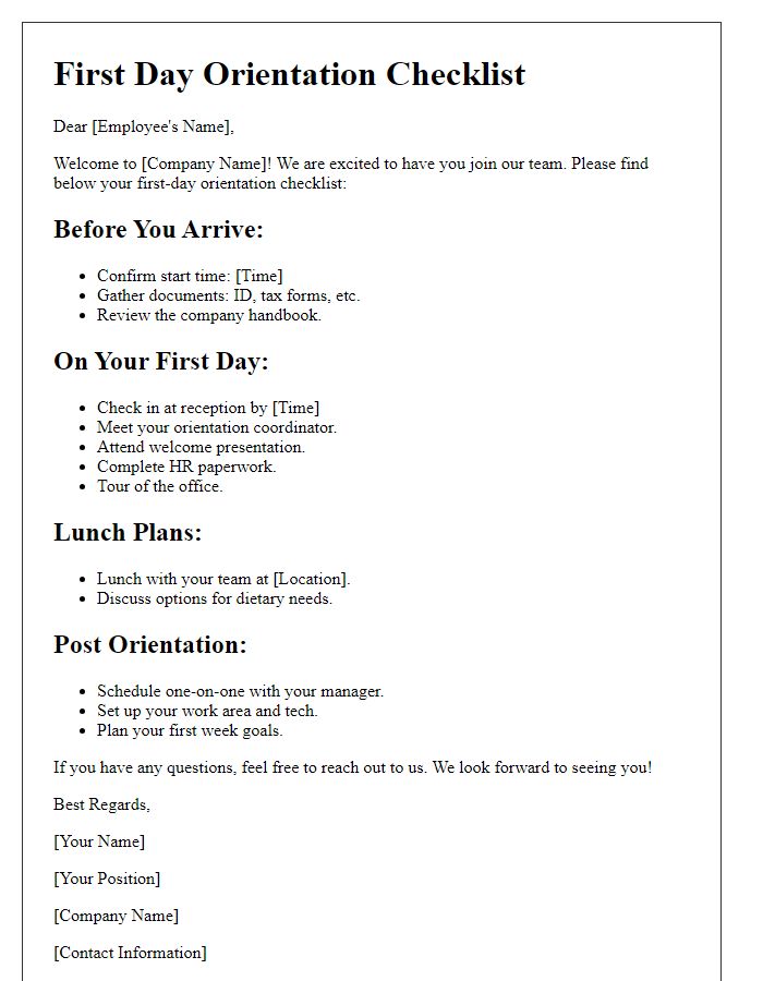 Letter template of first-day orientation checklist