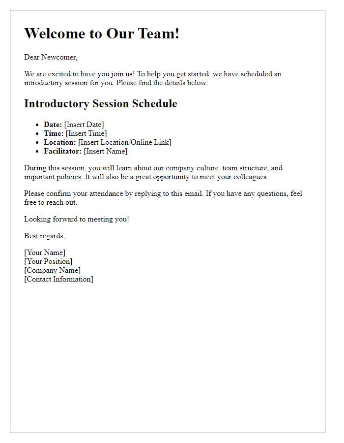 Letter template of introductory session schedule for newcomers