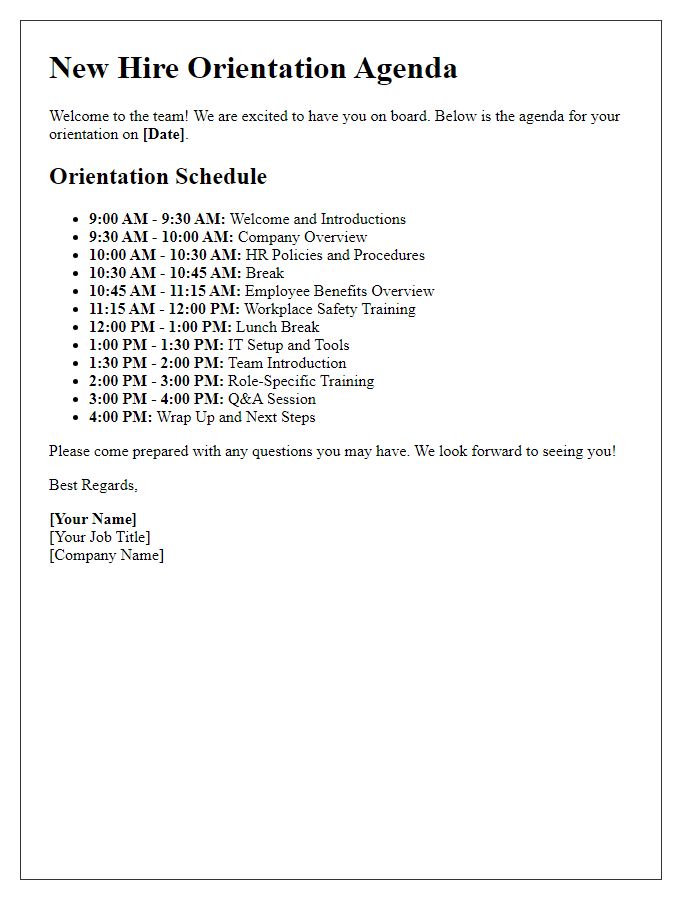 Letter template of new hire orientation agenda