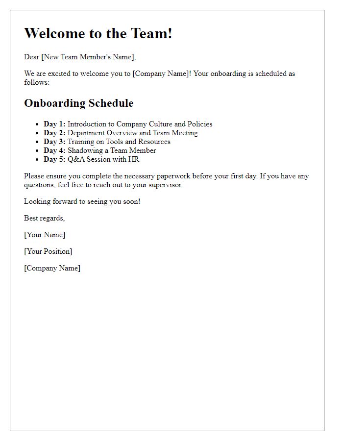 Letter template of onboarding schedule for new team members