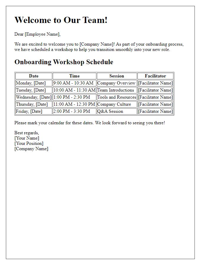 Letter template of onboarding workshop schedule for fresh recruits