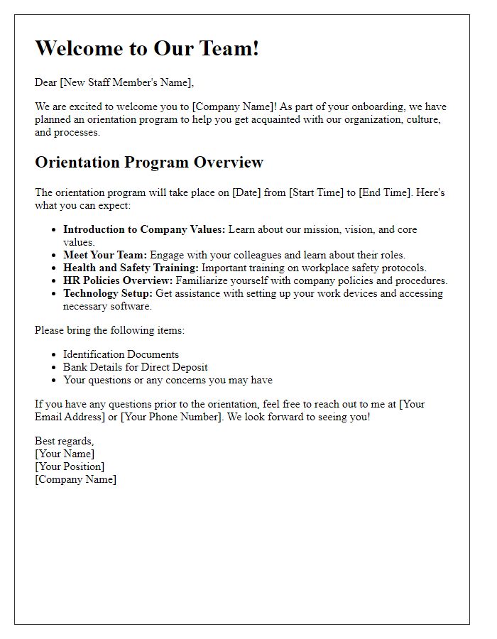 Letter template of orientation program overview for new staff