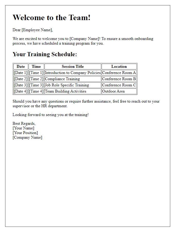 Letter template of training schedule for newly joined employees