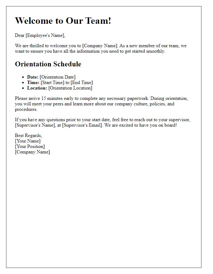 Letter template of welcome packet including orientation times