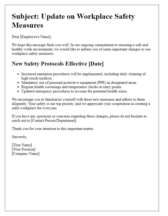 Letter template of changes in workplace safety measures