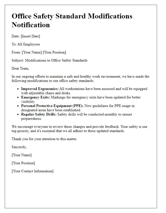 Letter template of office safety standard modifications