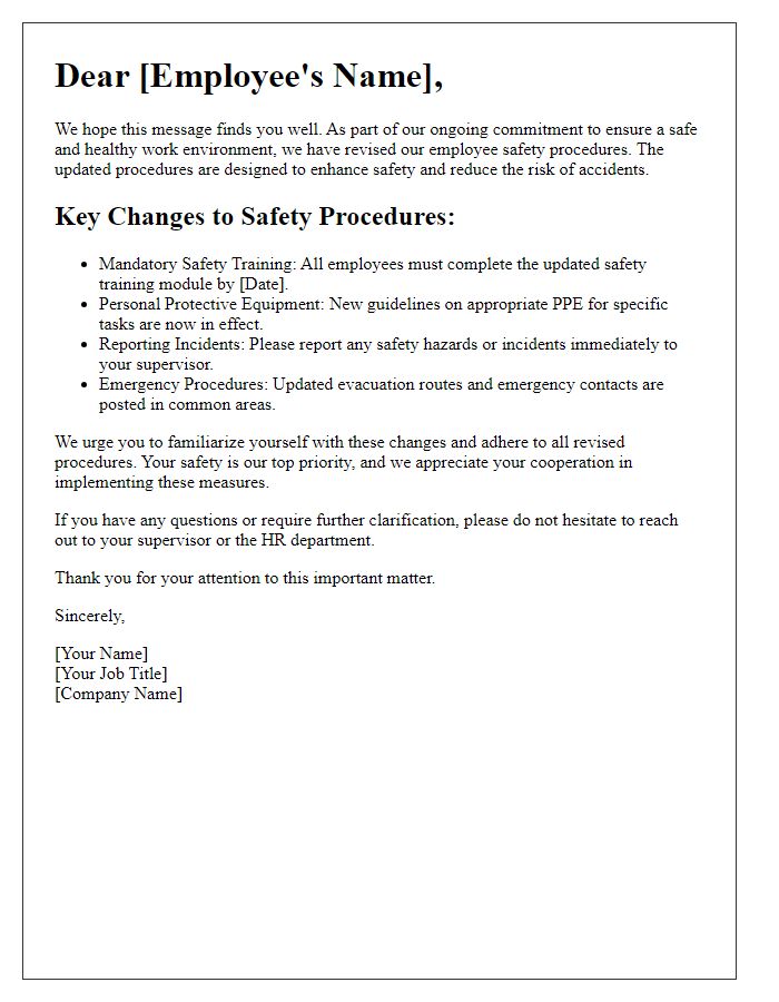 Letter template of revised employee safety procedures