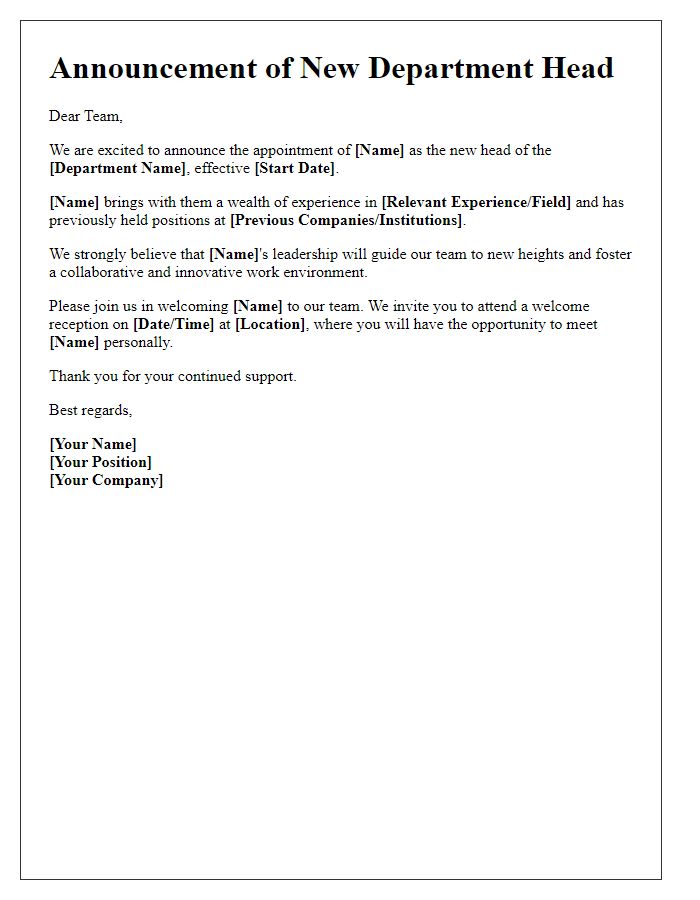 Letter template of engagement announcement for new department head