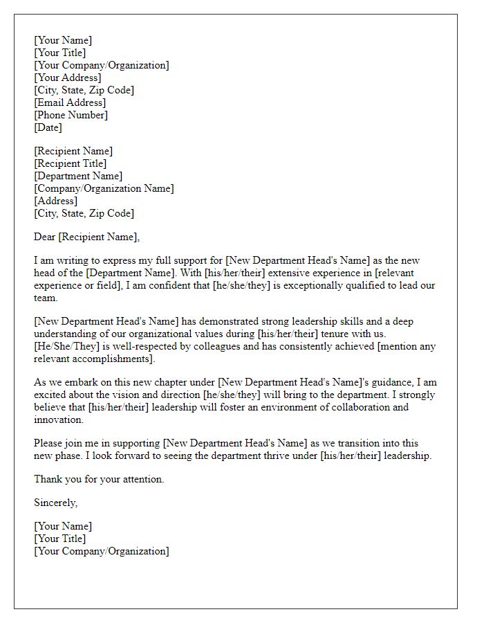 Letter template of support for new department head