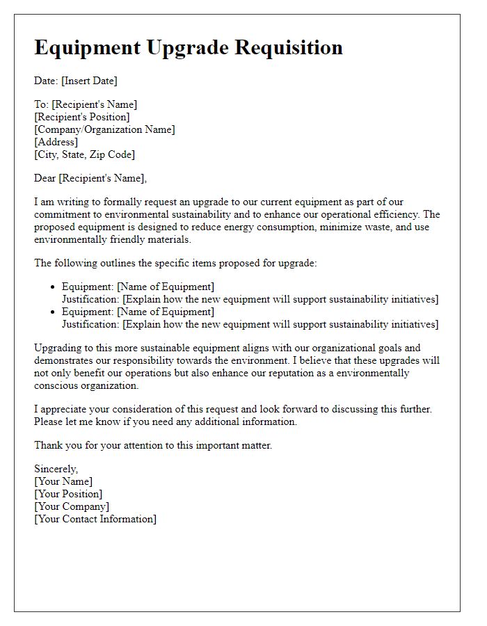 Letter template of equipment upgrade requisition focusing on environmental sustainability.