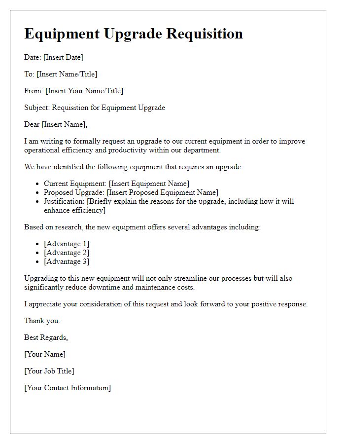 Letter template of equipment upgrade requisition for improved efficiency.