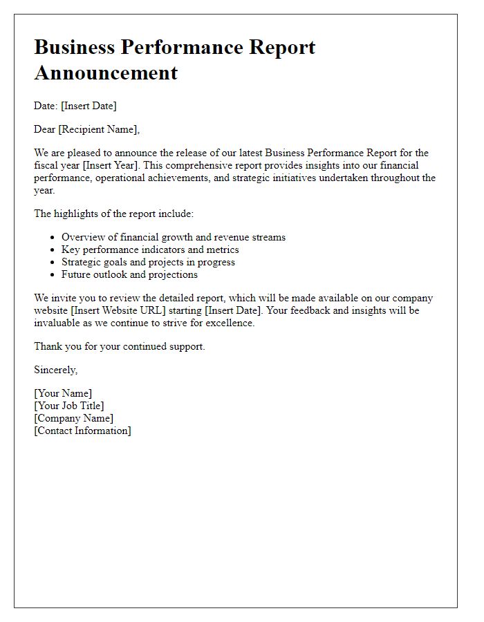 Letter template of business performance report announcement.