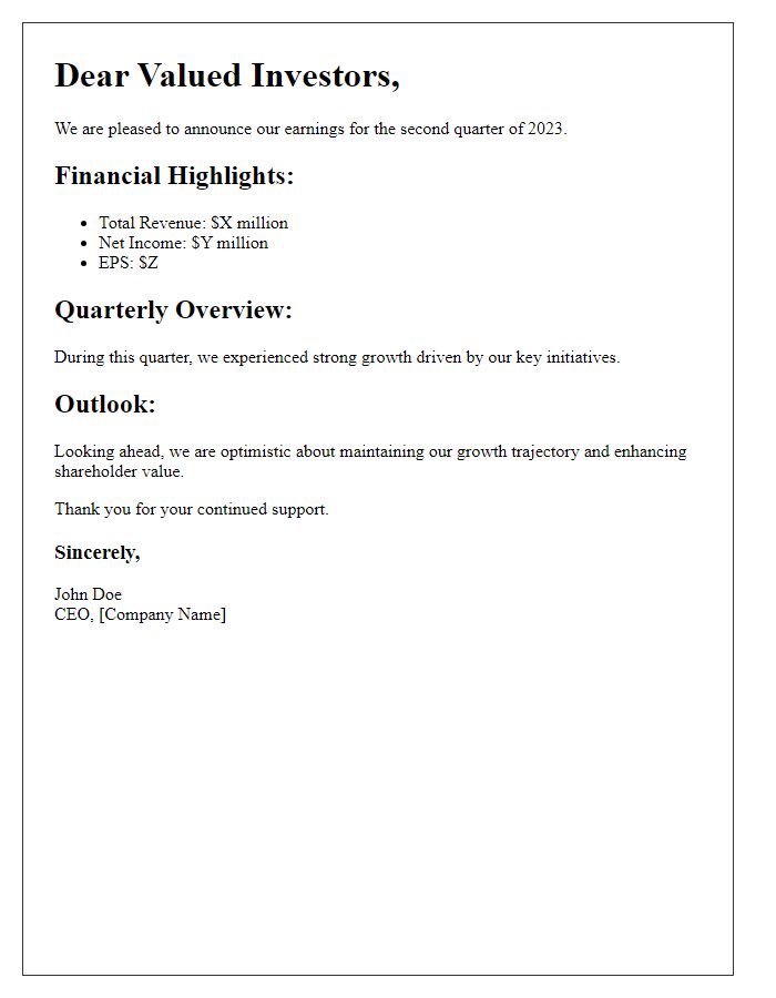 Letter template of earnings announcement for investors.