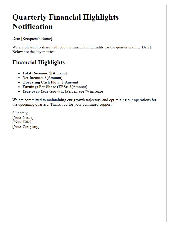 Letter template of quarterly financial highlights notification.