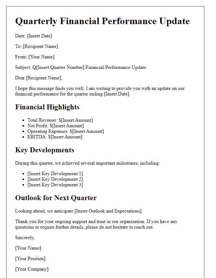 Letter template of quarterly financial performance update.