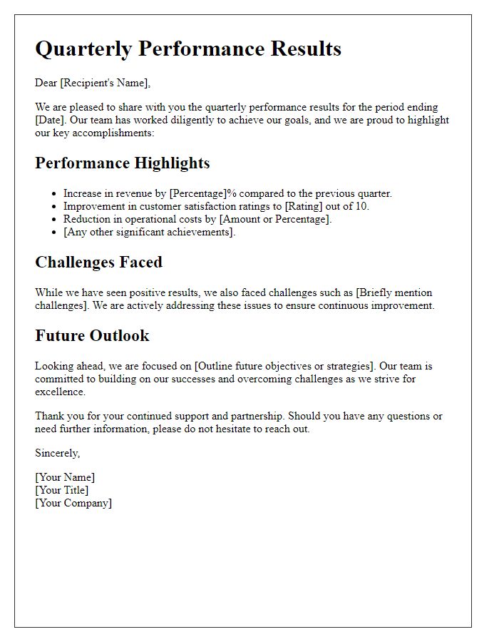 Letter template of quarterly performance results letter.