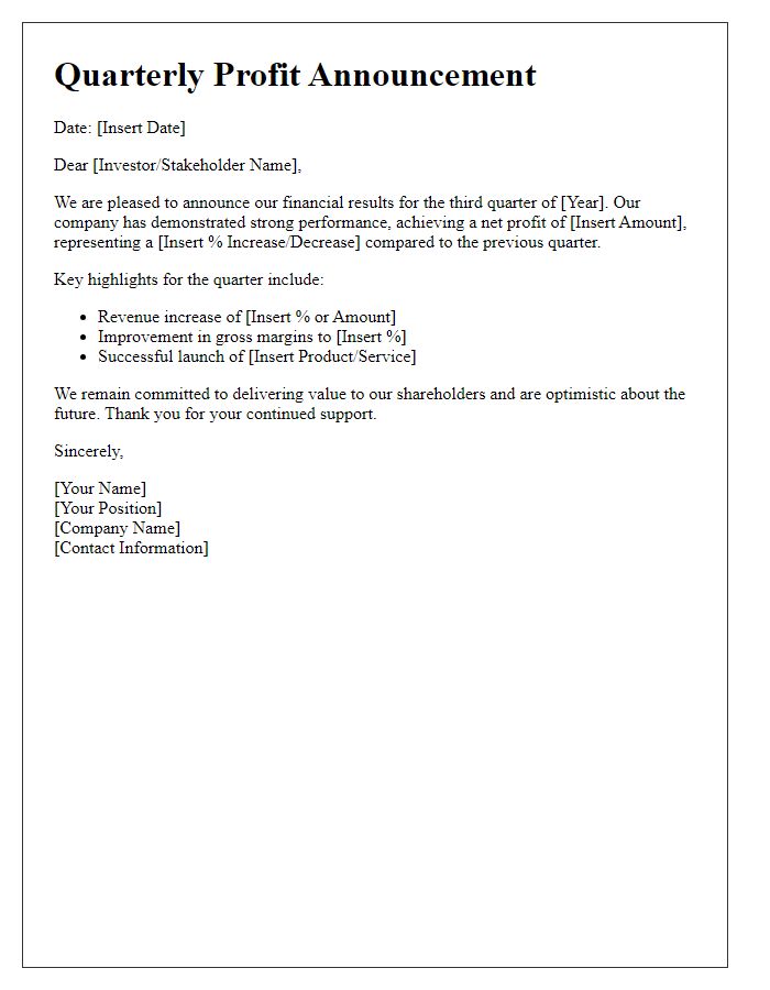 Letter template of quarterly profit announcement.