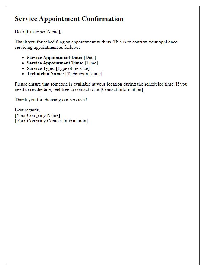 Letter template of service appointment confirmation for appliance servicing.