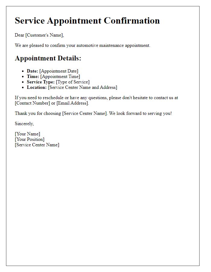 Letter template of service appointment confirmation for automotive maintenance.