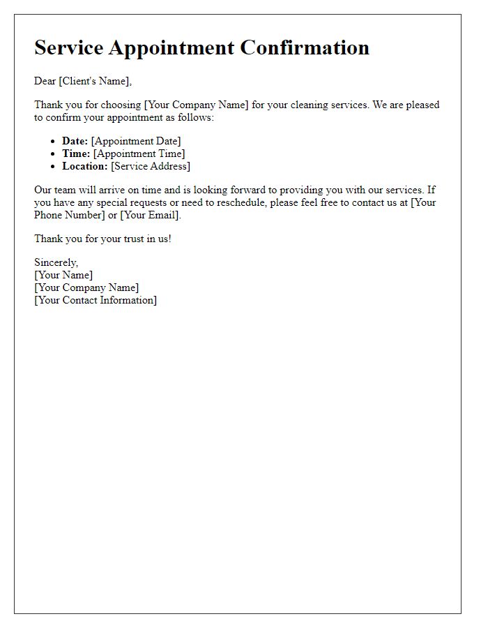 Letter template of service appointment confirmation for cleaning services.