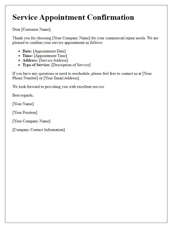 Letter template of service appointment confirmation for commercial repair.