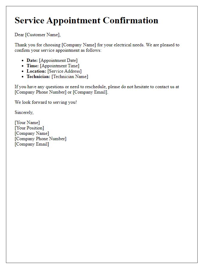 Letter template of service appointment confirmation for electrical work.