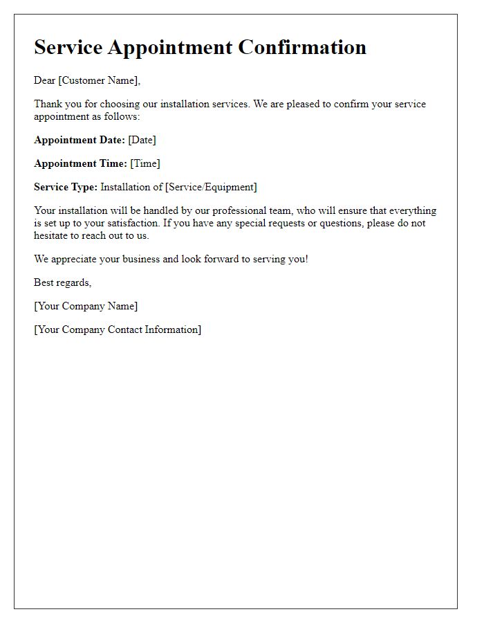 Letter template of service appointment confirmation for installation services.