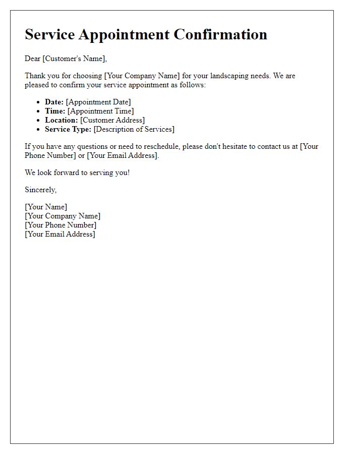 Letter template of service appointment confirmation for landscaping services.