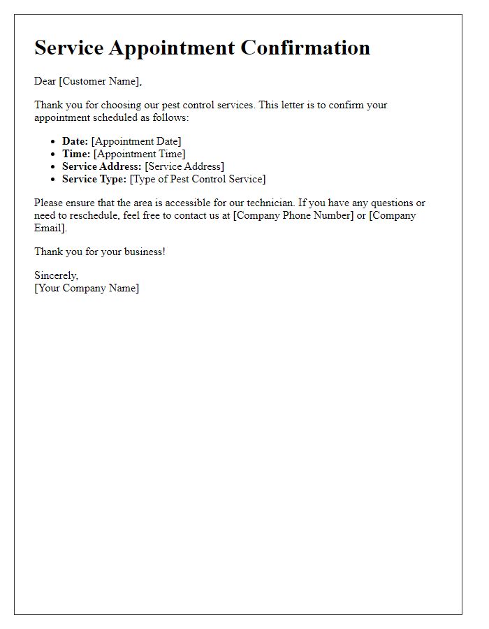 Letter template of service appointment confirmation for pest control.