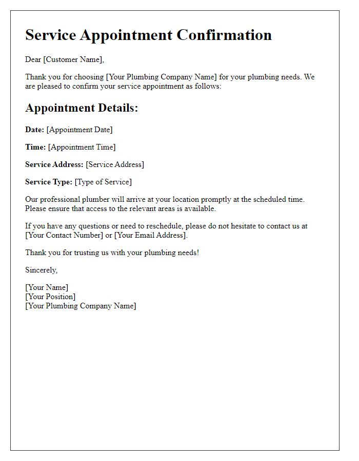 Letter template of service appointment confirmation for plumbing services.