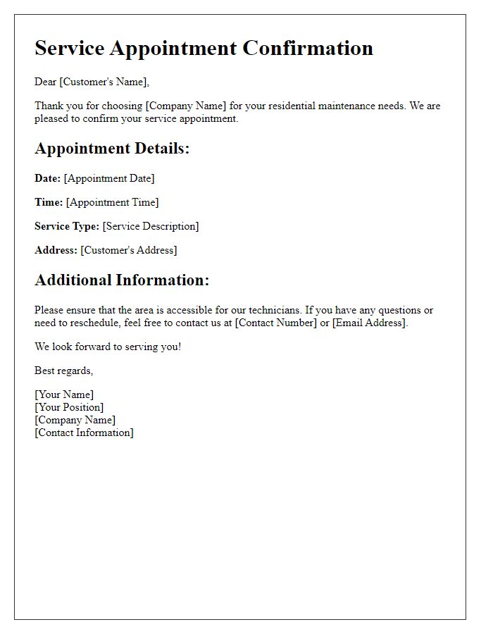 Letter template of service appointment confirmation for residential maintenance.