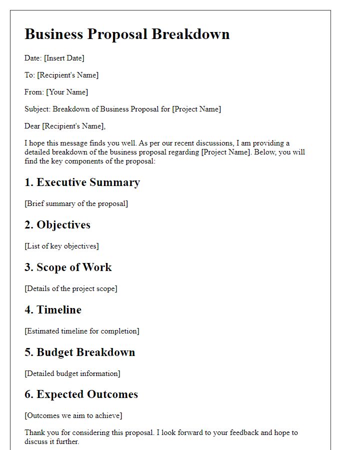 Letter template of correspondence for business proposal breakdown