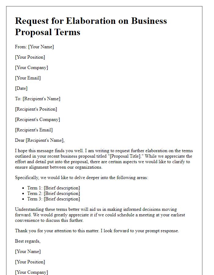 Letter template of request for elaboration on business proposal terms