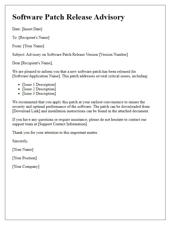 Letter template of advisory on software patch release