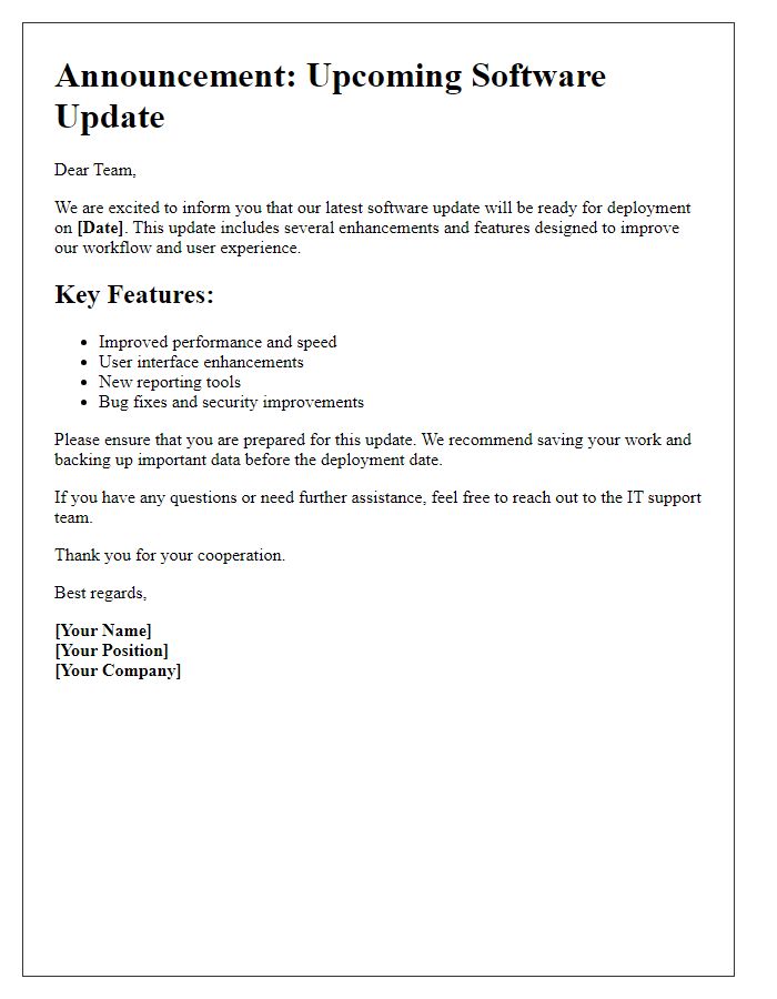 Letter template of announcement for software update readiness