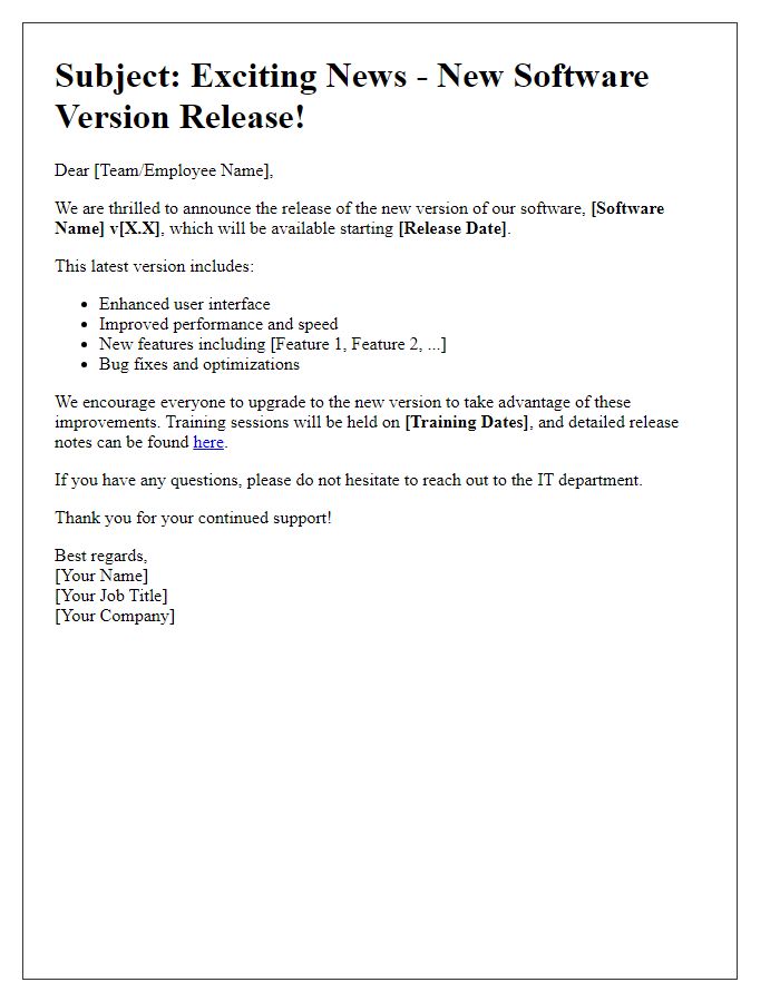 Letter template of communication on new software version release