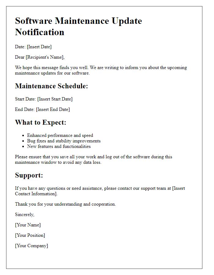 Letter template of information on software maintenance updates