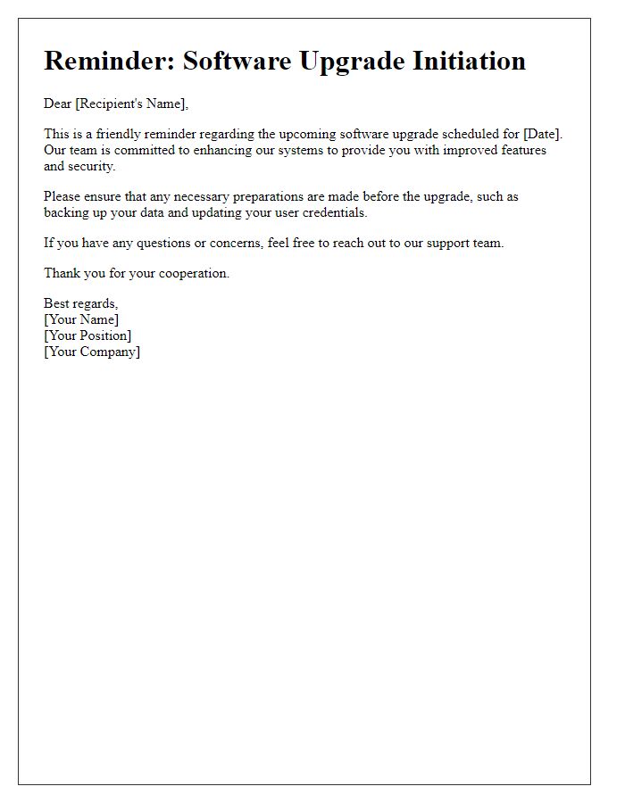 Letter template of reminder for software upgrade initiation