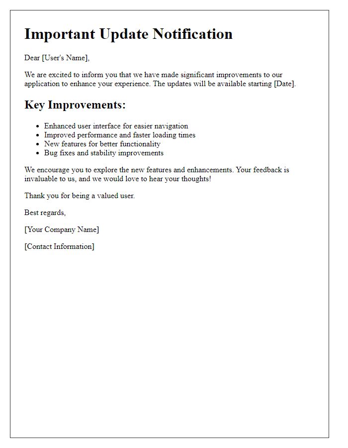 Letter template of update notification for application improvements