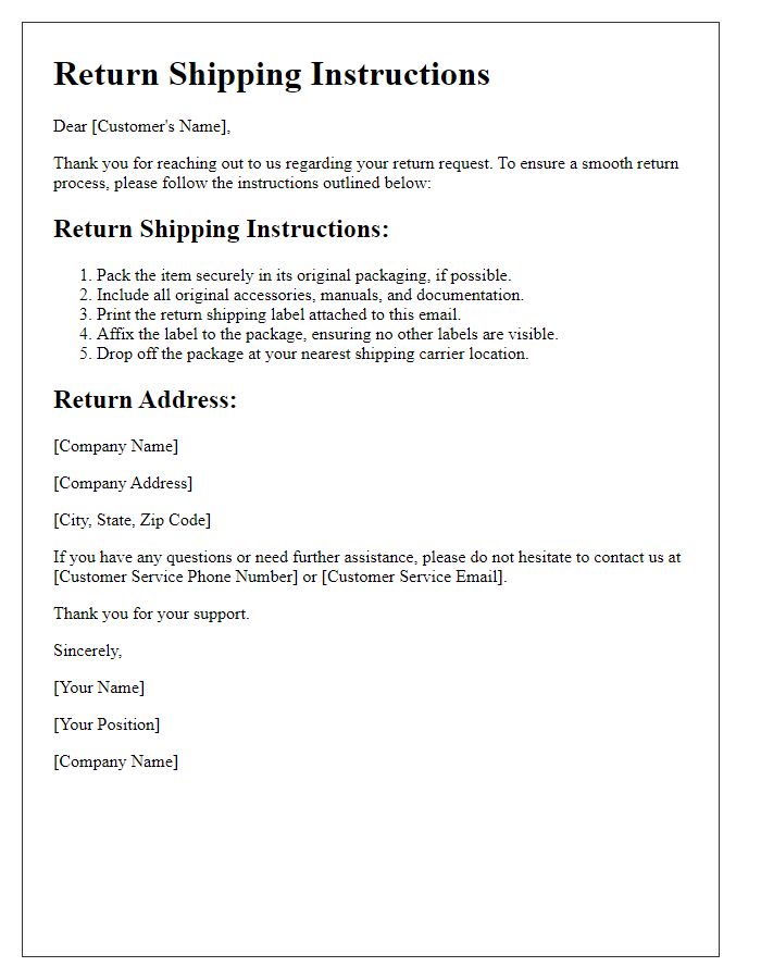 Letter template of communication regarding return shipping instructions