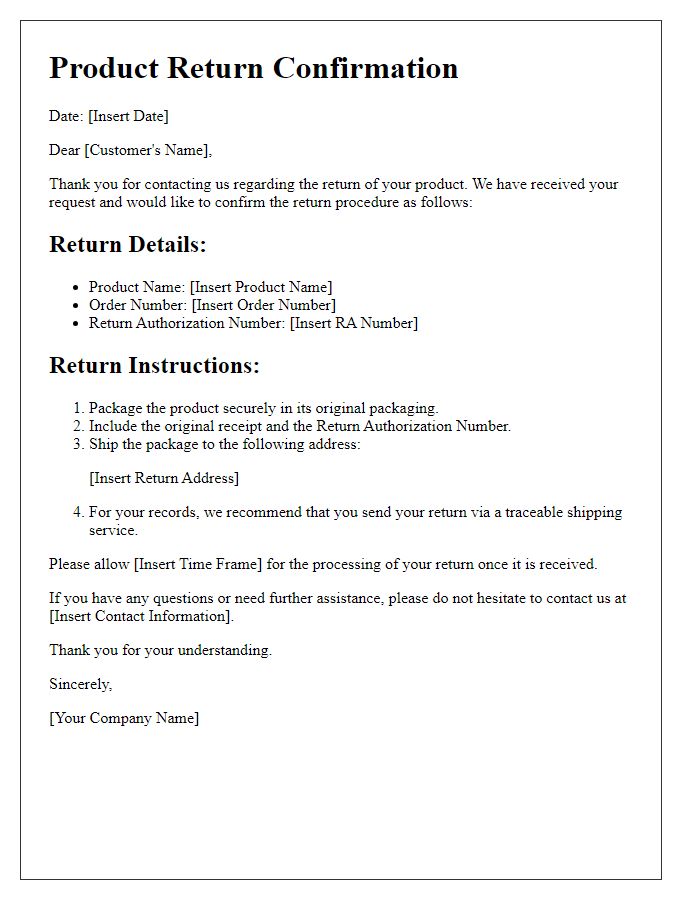 Letter template of confirmation for product return procedure