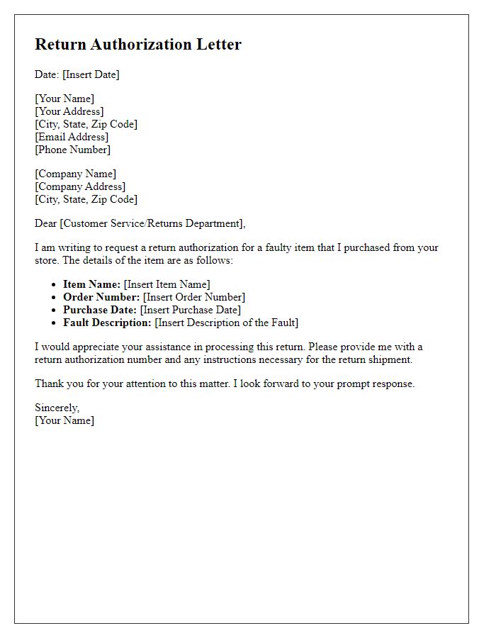 Letter template of return authorization for faulty items