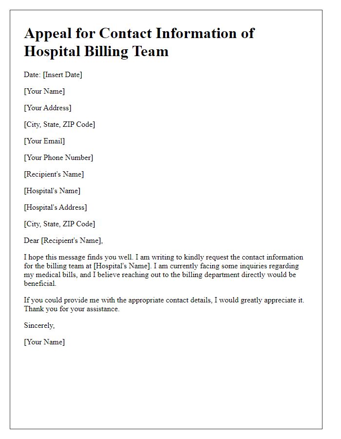 Letter template of appeal for contact information of the hospital's billing team