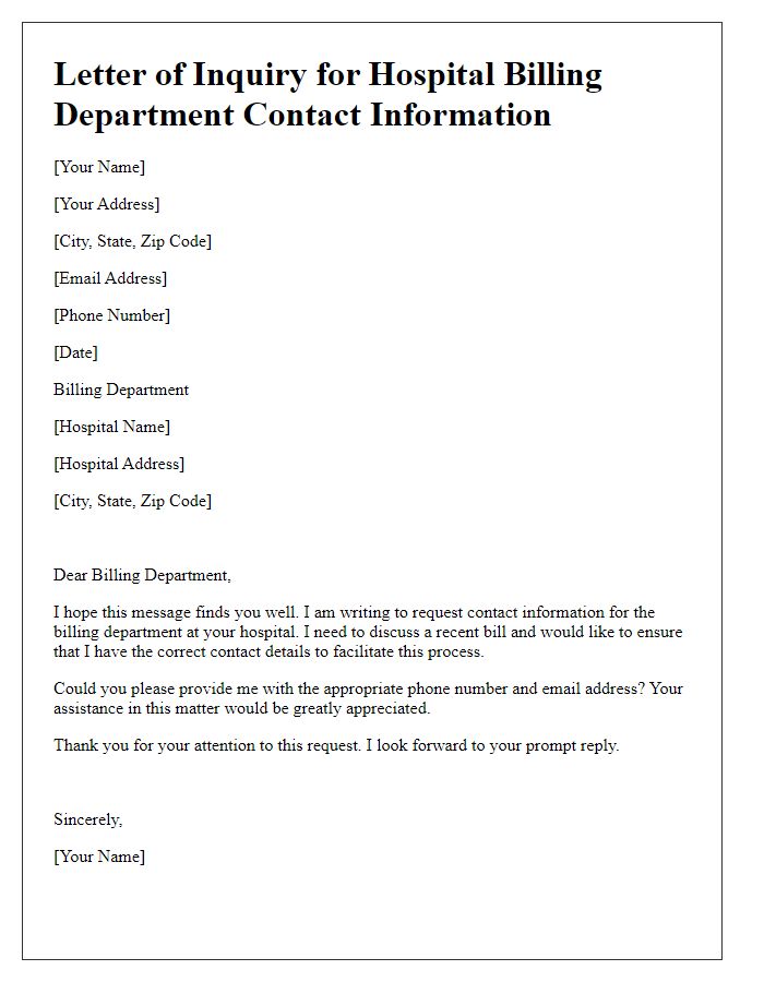 Letter template of inquiry for hospital billing department contact information