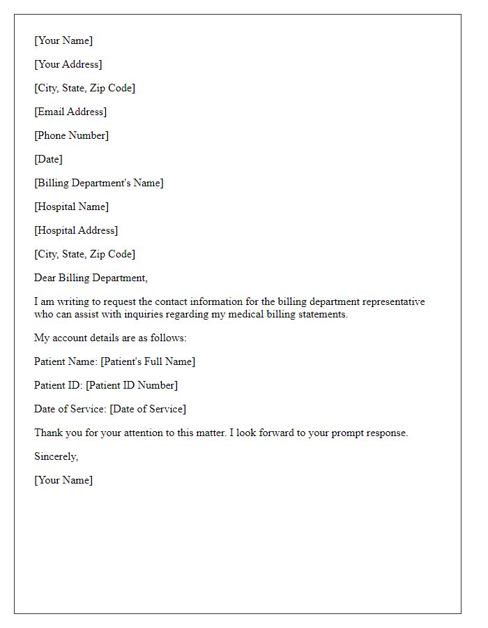 Letter template of notification request for a billing department contact at the hospital