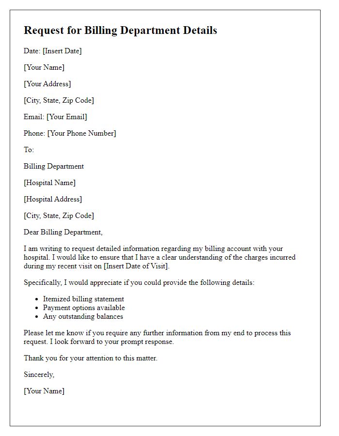 Letter template of request for billing department details from the hospital