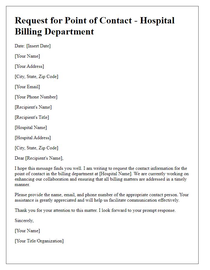 Letter template of solicitation for hospital billing department's point of contact