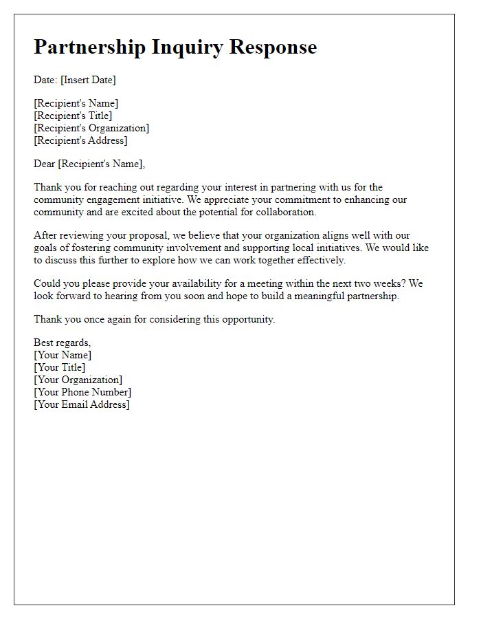 Letter template of partnership inquiry response for community engagement initiative.