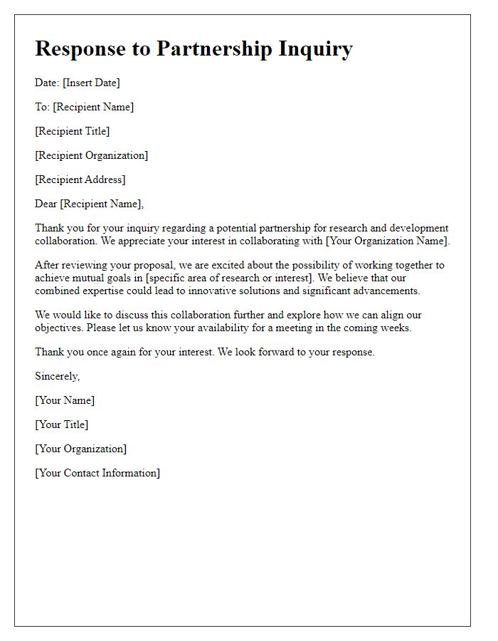 Letter template of partnership inquiry response for research and development collaboration.